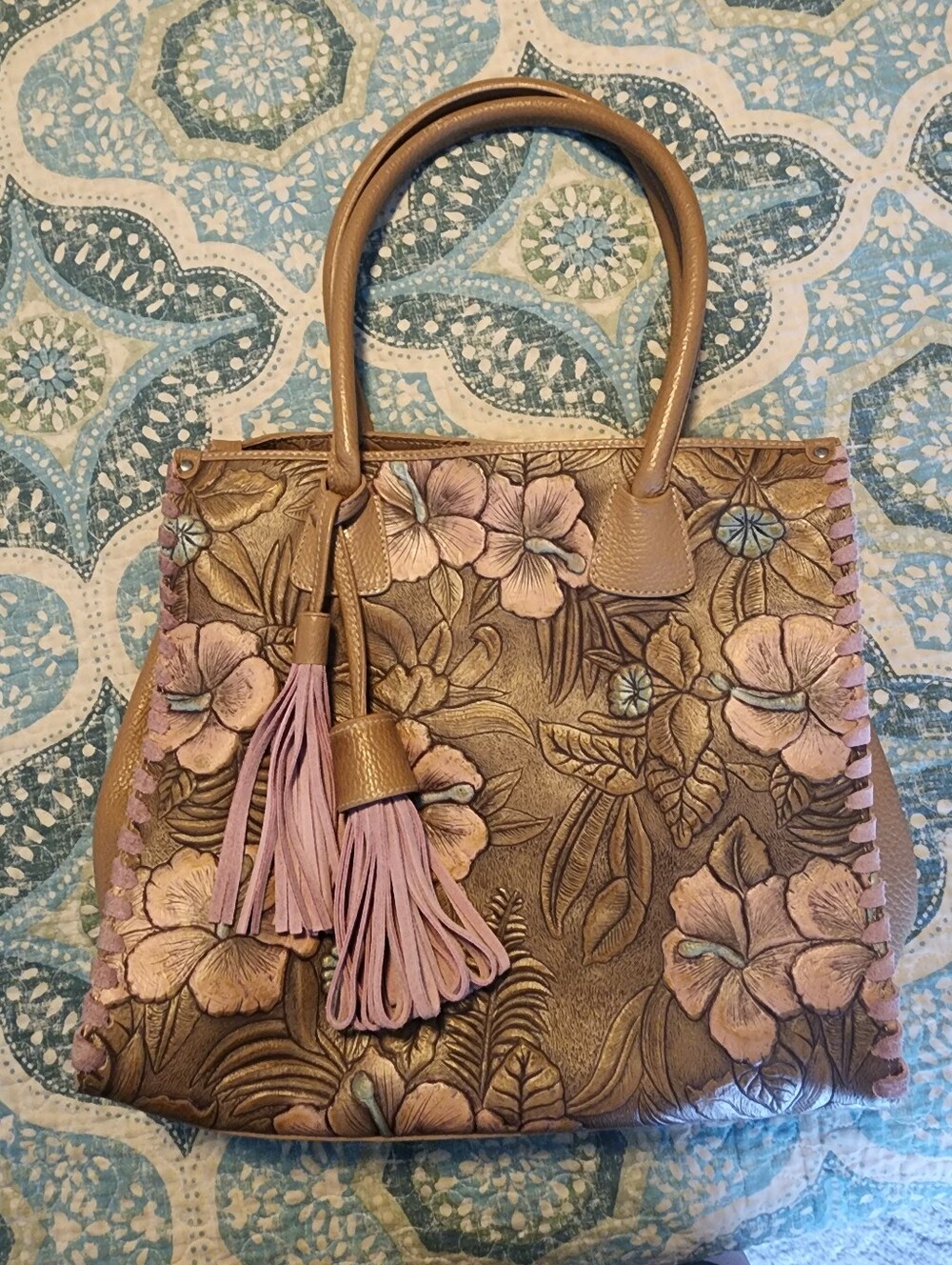 Claudia Firenze Embossed Boho Floral Leather Tote Bag with Tassels - Pink Brown
